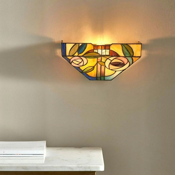 Tiffany Glass Wall Light Multi Colour Mackintosh Rose Shade Interior Sconce Loops