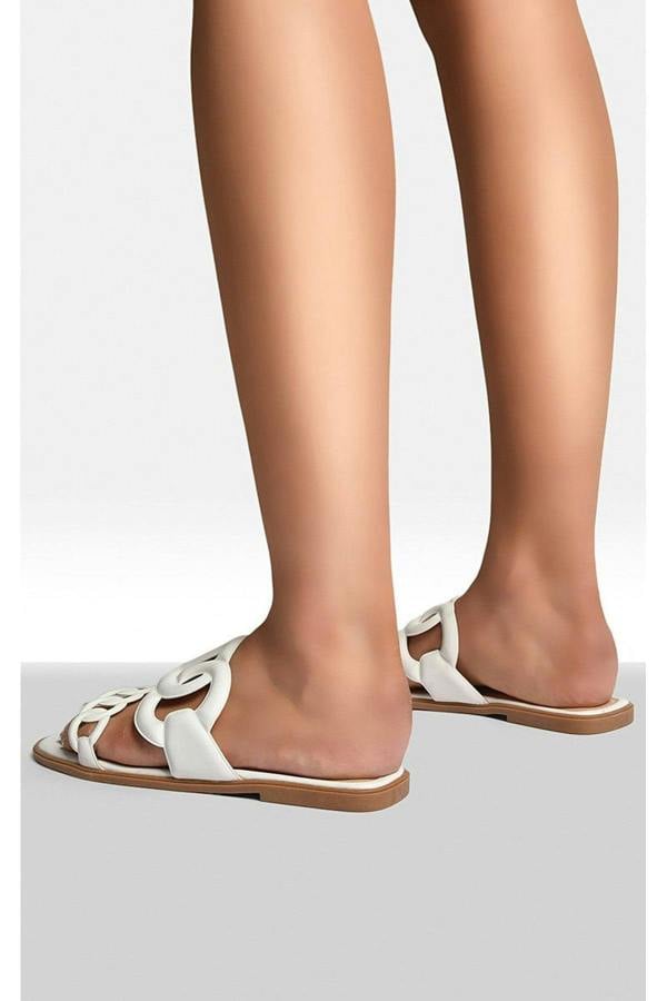 Betty Comfortable Flat Sandals With Double Leather Chain - White