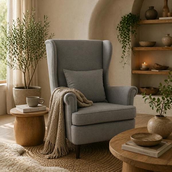 Wyld Haus Harire Grey Velvet Wingback Accent Chair With High Back Pillow And Wooden Legs