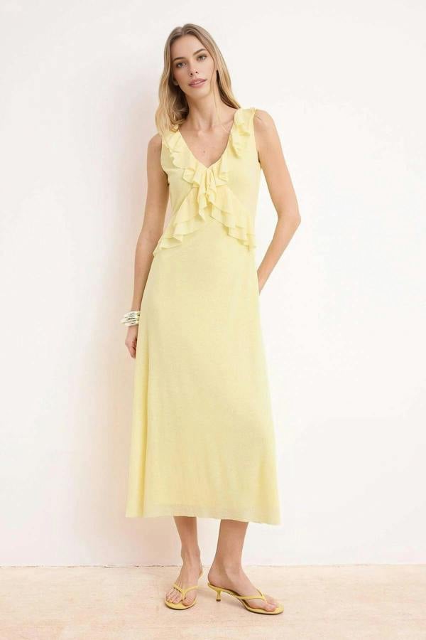 WOVCOR A-Line V-Neck Sleeveless Fruffled Midi Knit Dress