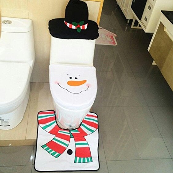 Shatchi Standard Size Christmas Toilet Seat Cover and Bathroom Mat Set, White Snowman Style, 3 Piece Decor - Polyester - ‎White - Hanging decoration set