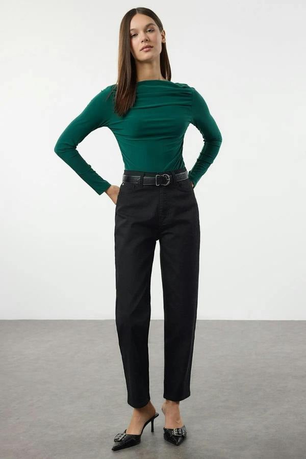 Hoxton Gal Boat Neck Draped Fitted Stretch Knit Blouse
