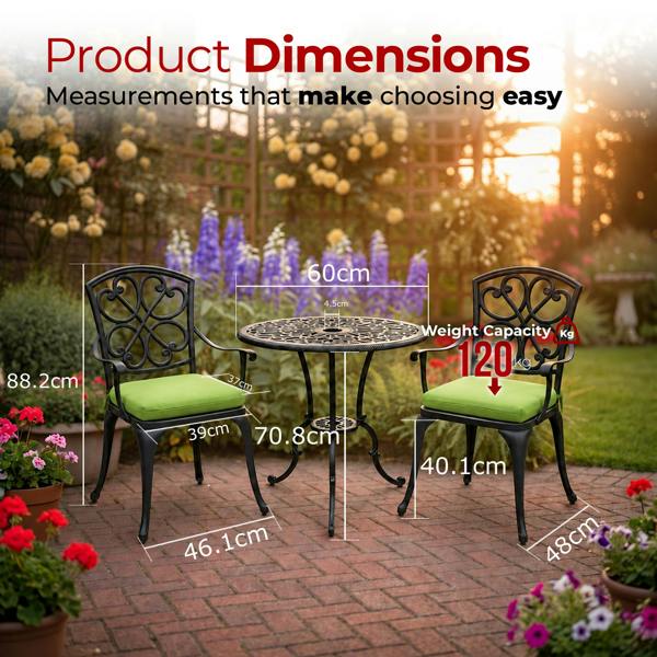 Centurion Supports VIVALDI Black 3-Piece Cast Aluminium Garden Bistro Set - with Green Cushions