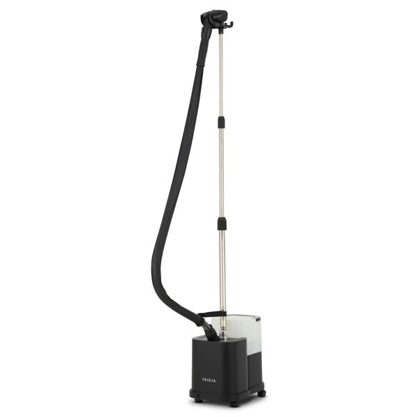 The Fridja f1600 Commercial Clothes Steamer features a black base, transparent water tank, adjustable metal pole, and flexible black hose with a handheld nozzle—ideal for efficient garment care.