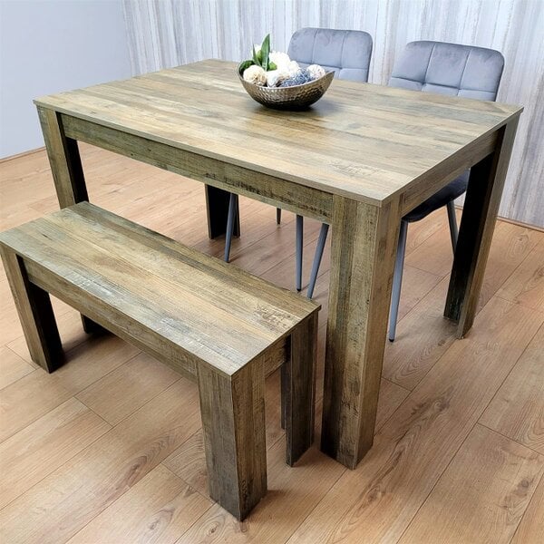 Kosy Koala Dining Table Set for 4 Rustic Effect Dining Table With 2 Grey Velvet Chairs and 1 Matching Bench