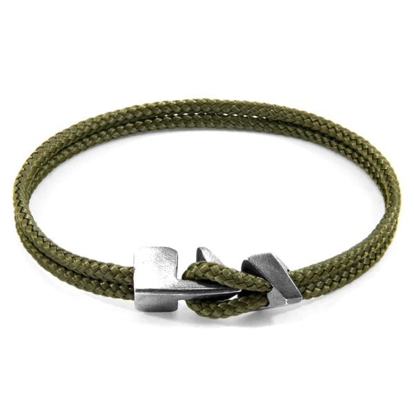 Anchor & Crew Khaki Green Brixham Silver and Rope Bracelet