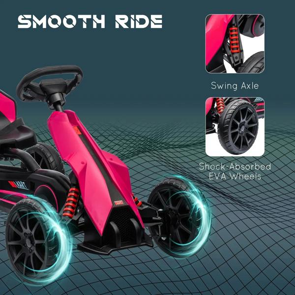 Pink kids pedal go-kart with EVA wheels, spring shock suspension, and swing axle