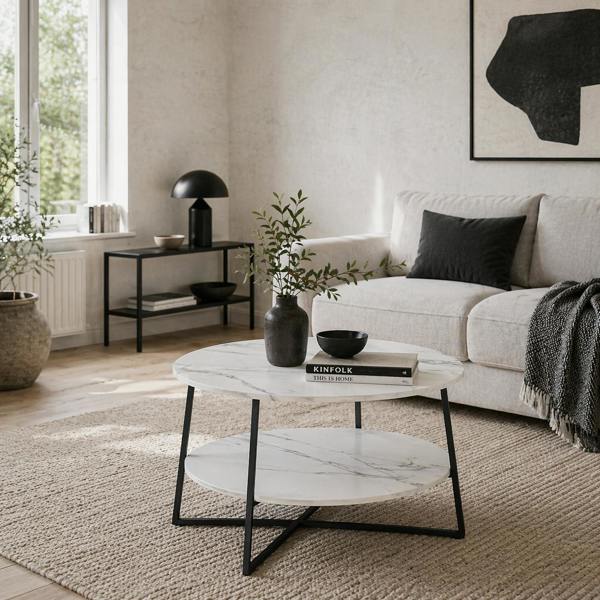Wyld Haus Masoso Wooden White And Black 2 Tier Marble Effect Coffee Table
