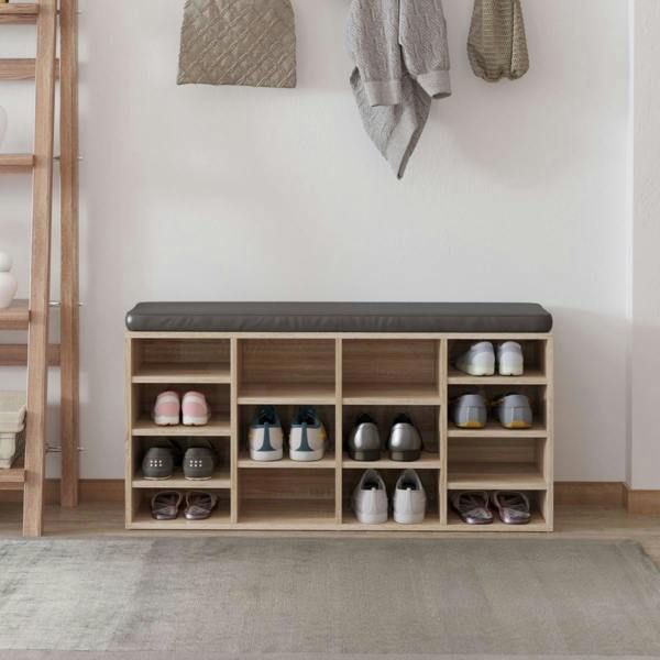 Dyzi 14 Compartment Shoe Storage Bench Removable Shelves Padded Seat Brown
