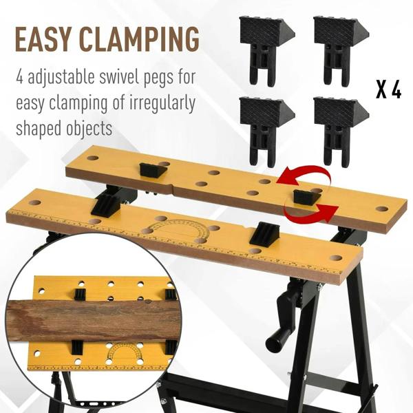 Work bench with four adjustable swivel pegs for clamping irregular shapes on light wood top