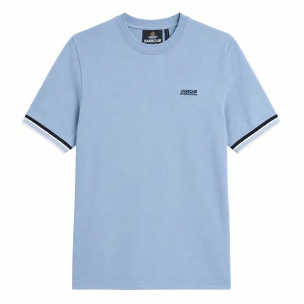Powder blue Barbour International T-shirt with a crew neck and black and white striped tipped short sleeves.
