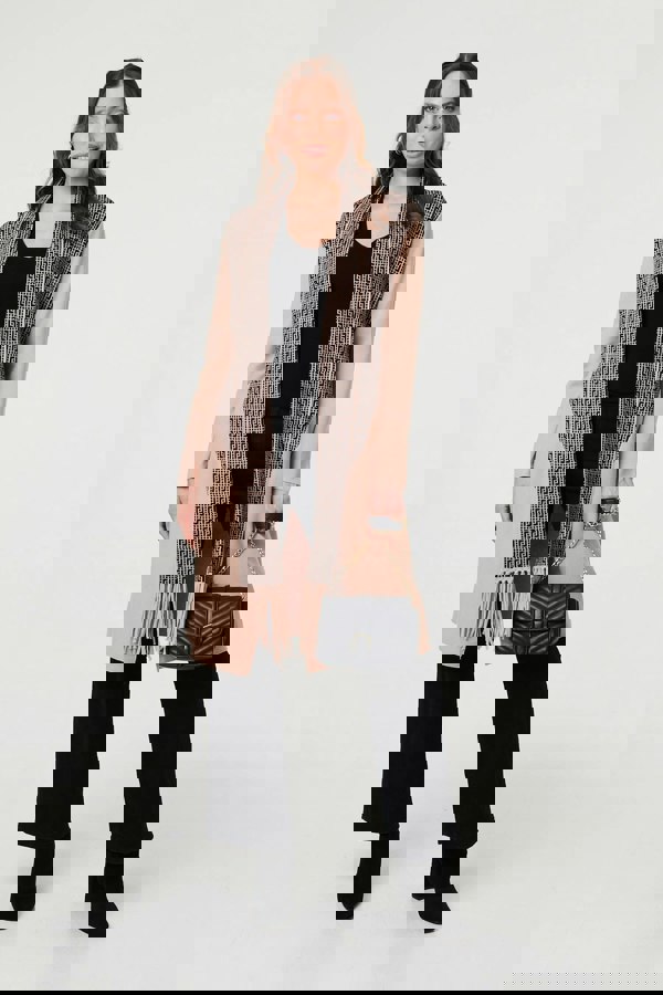 Beige | Printed Fringed Scarf Detail Long Jacket