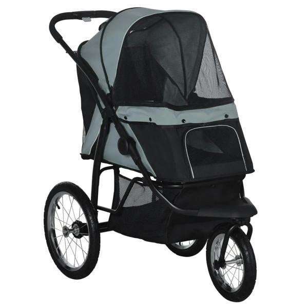 Grey three-wheel foldable pet stroller with mesh canopy and front door panel