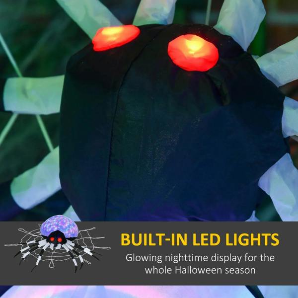 Close-up inflatable spider face with red LED eyes and glowing iridescent LED dome
