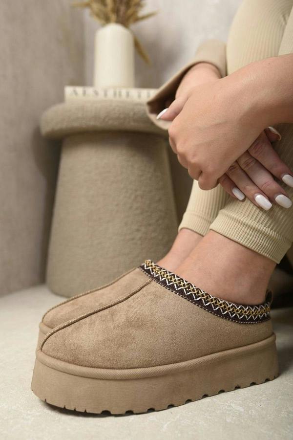 Jolene Aztec Detail Low Ankle Platform Slipper Boots - Camel