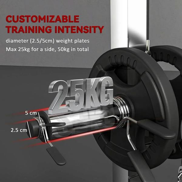 Black weight plate and barbell shaft close-up with cable system components