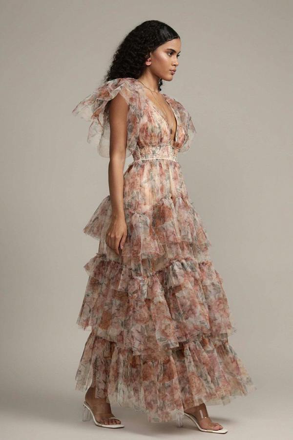 BALOU Womens Floral Tulle Maxi Dress