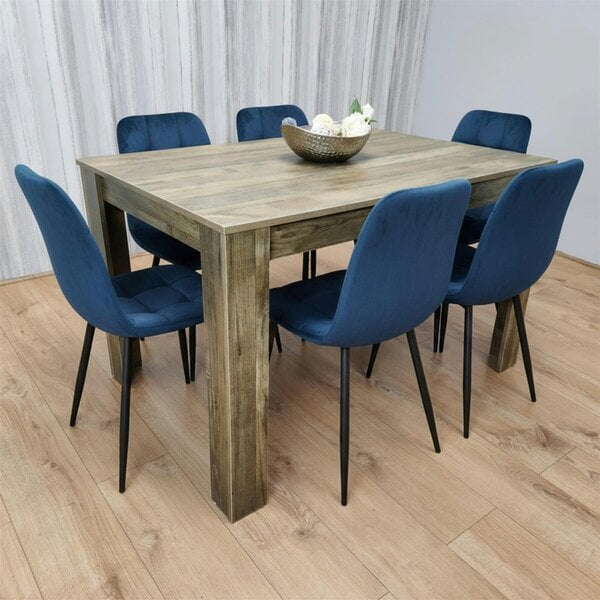 Kosy Koala Dining Table and 6 Chairs - Rustic Effect Dining Table With 6 Blue Velvet Chairs Dining Furniture