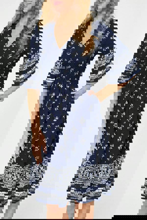 Navy | Border Print V-Neck Knee Length Dress