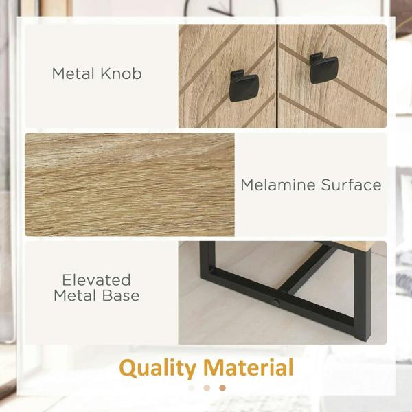 Oak cabinet with black metal knob, melamine surface, and elevated black metal base