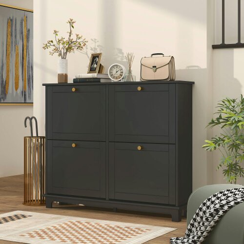 Wyld Haus Serodo Wooden Black Slim Shoe Cupboard With 4 Flip Drawer For 16 Pairs