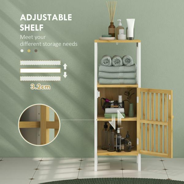 White cabinet with adjustable shelves and bamboo slatted door, toiletries inside