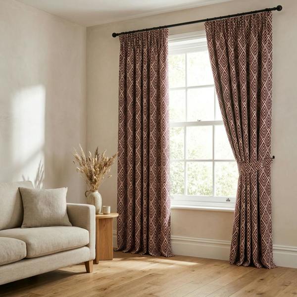Asana made-to-measure curtains in Wine, styled in a living room