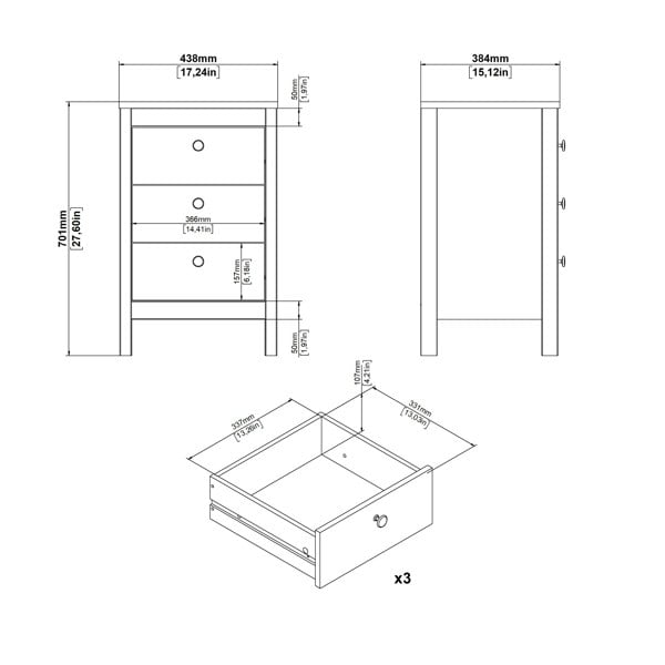 Furniture To Go Barcelona Bedside Table 3 Drawers in Cashmere