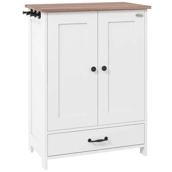 White pet feeding station cabinet with raised bowls and adjustable front panel