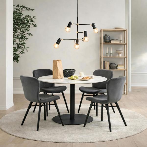 Furniture To Go Corby Round Dining Table with White Polished Marble Top & Black Base includes 4 Batilda Dining Chairs in Dark Grey