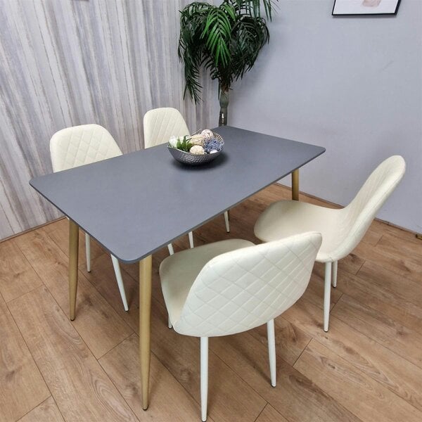 Kosy Koala Wooden Rectangle Dining Table Set Grey Table with 4 Cream Gem Patterned Chairs
