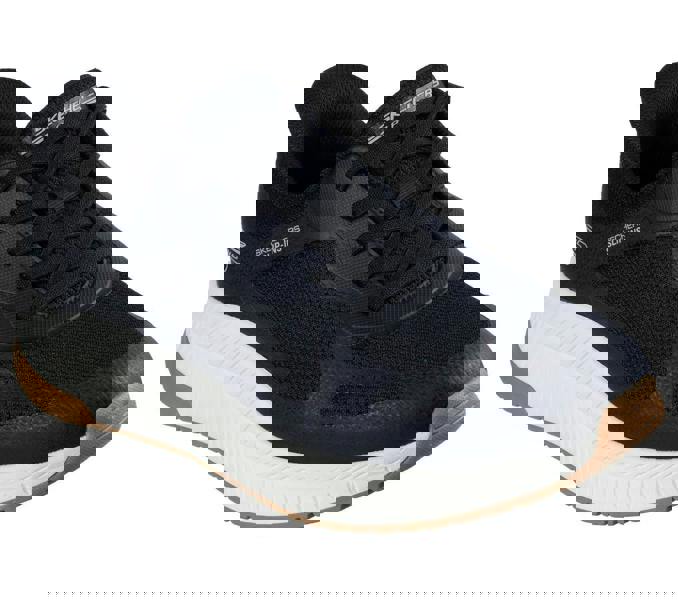 Skechers Bobs Squad 4 Chaos Mens Slip-Ins Casual Trainers, black athletic sneaker with black laces and white and tan sole for men.