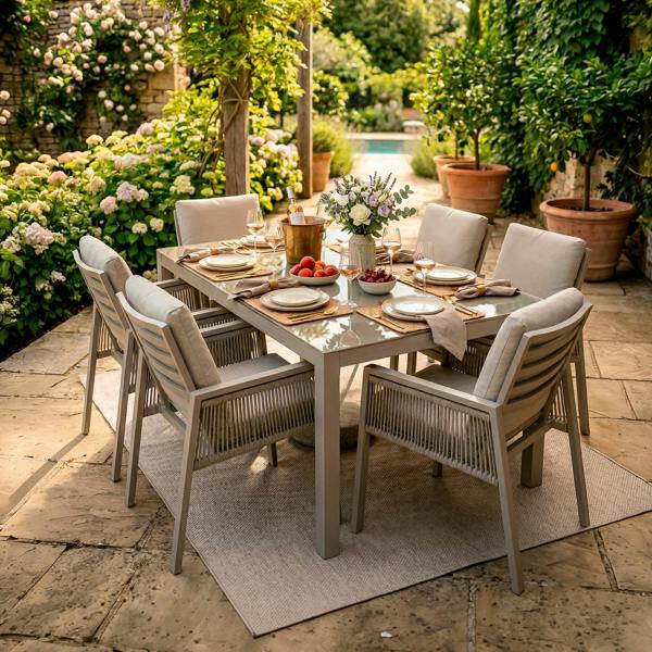 Dellonda Fusion 7 Piece Outdoor Dining Set with Weatherproof Aluminium Frame, Light Grey - DG274
