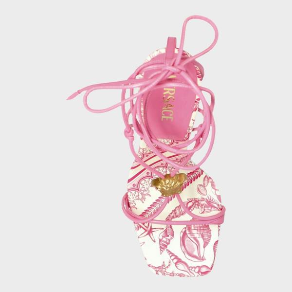 Versace Medusa Barocco Square Toe Heeled Sandals Pink White