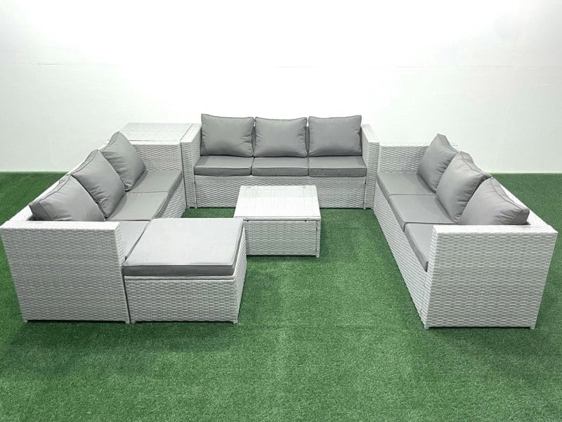 Fimous Rattan Garden Outdoor Furniture Set 10 Seater Rattan Garden Sofa Set with Big Footstool Side Table Light Grey Mixed