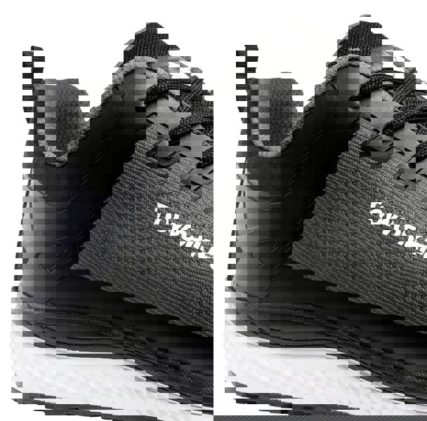 TOWORKFOR Super Set Mens/Womens Composite S1P Safety Trainers, close-up of black and gray safety trainers showing the durable mesh upper, reinforced toe cap, and cushioned sole.