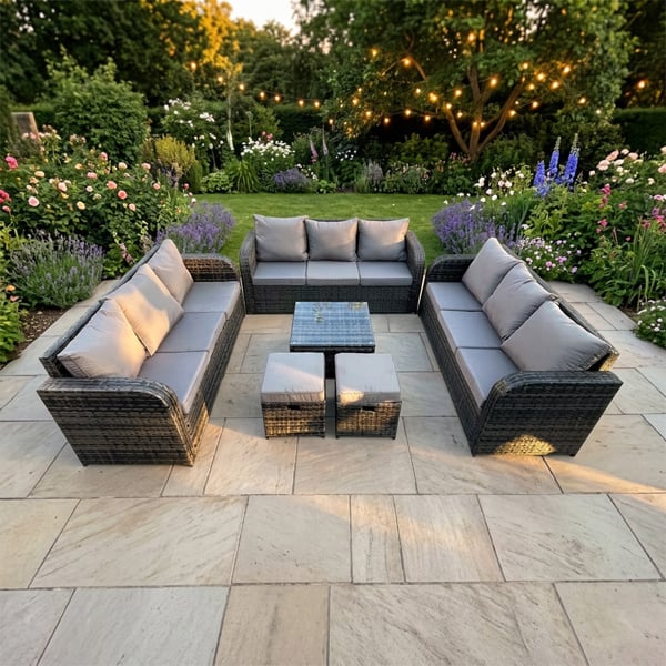 Fimous 11 Seater Rattan Outdoor Furniture Set with Coffee Table, 3 Sofas & 2 Stools - Dark Grey Mixed