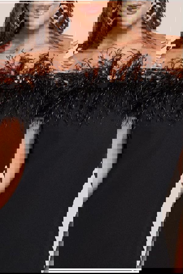 Off The Shoulder Feather Midi Dress - Black DR3200P