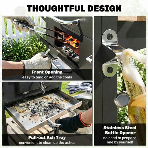 Bobobiy Charcoal BBQ Grill with Height Adjustable Charcoal Pan, Barbecue Smoker with Warming Rack, 3 Shelves, Bottle Opener Cooking Garden Party