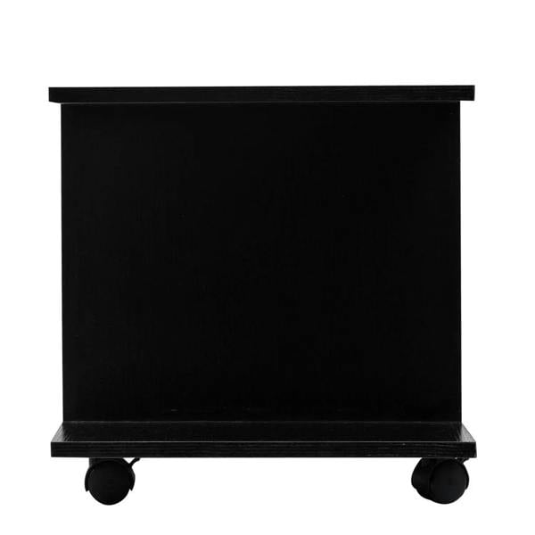 Black open-back TV cabinet stand with caster wheels, side view