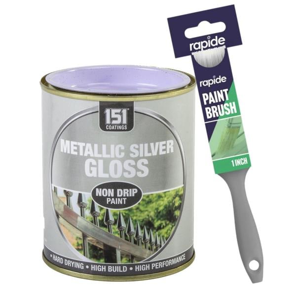 151 Metallic Silver Gloss Non-Drip Paint 300ml With 1" Paint Brush