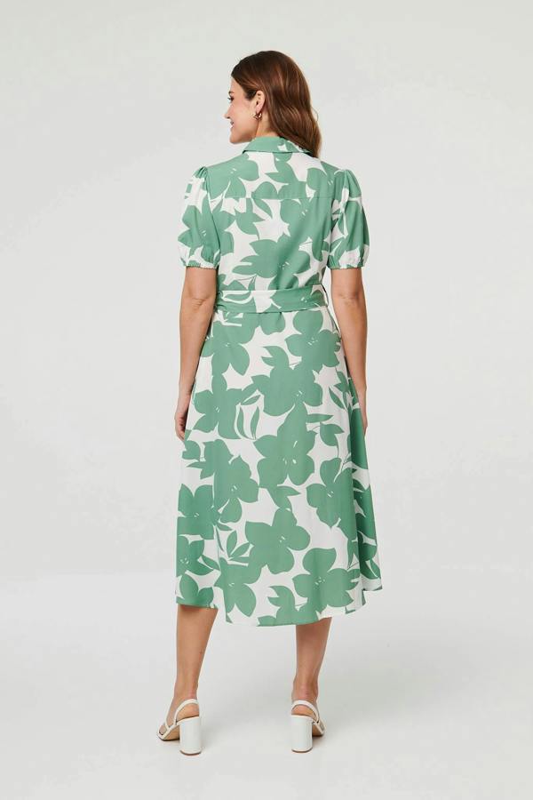 Sage | Abstract Floral Tie Waist Midi Dress