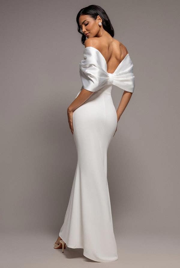 Off Shoulder Back Satin Bow Scuba Maxi Dress - White DR4708
