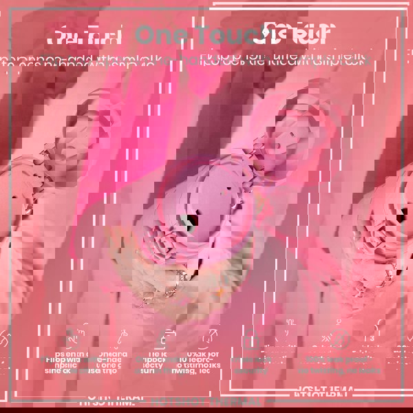 A pink thermos is held; its flip top opens with a single click. The context is a pink background and a person wearing a pink jacket. One Touch. Flips open with a simple click. One-handed use on the go. Triple lock security. 100% leak proof - no twisting, no leaks. HOTSHOT THERMAL.