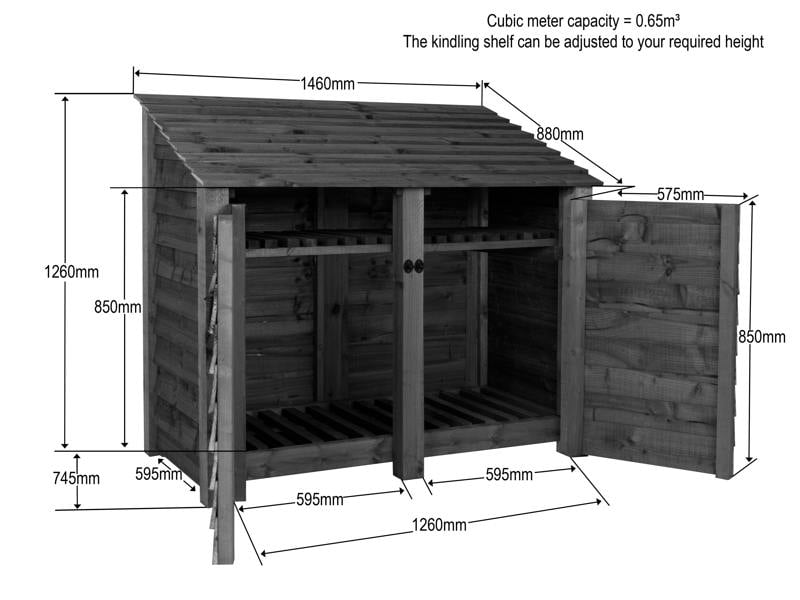 Arbor Garden Solutions Slatted Wooden Log Store with Door and Shelf W-146cm, H-126cm or 180cm, D-88cm