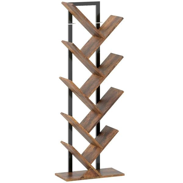 Rustic brown wood-effect eight-tier tree bookcase with angled open shelves and metal frame