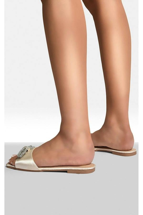 Lexie Embellished Bow Trim Open Toe Sandals - Champagne