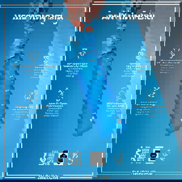 A blue water bottle is being held; it features a hide-away handle, hygiene cover, and wide mouth. Award-winning design, German Design Award Winner 2024, Good Design, and 2021 awards are displayed.