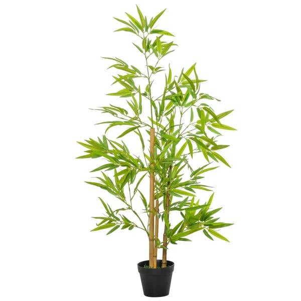 Artificial ficus tree with green leaves and brown trunk in black weighted pot