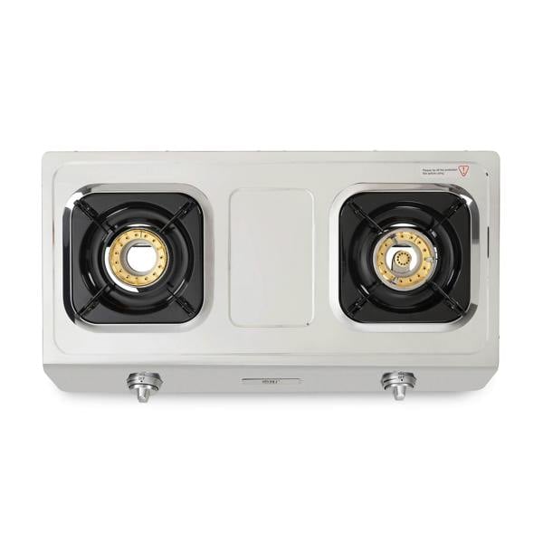 Two-burner gas stove with metallic finish on a white background